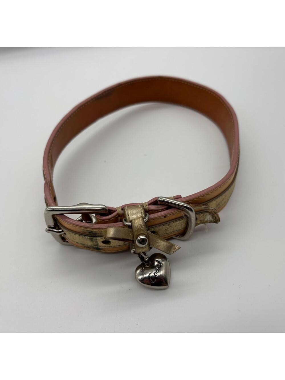 Coach Big Dog Leather Collar Tan w/ Gold Size Large 17" - 21" Silver Tone Charm